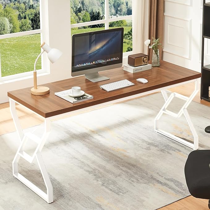 HOMISSUE 63-inch Executive Desk Large Writing Desk with Engineered Wood Tabletop and Metal Frame Rustic Home Office Desks with Sturdy Structure Long Computer Desks for Home Office Study RoomWhite