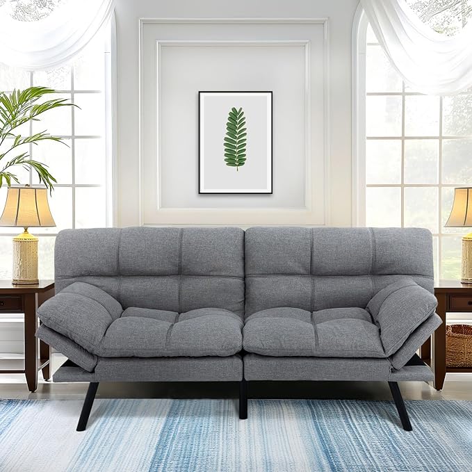MUUEGM 71 Futon Sofa Bed Convertible Couch Bed Modern Loveseat with Adjustable Backrest&ampArmrest Sofas for Living RoomGame RoomDormitoryOffice.Light Grey Fabric