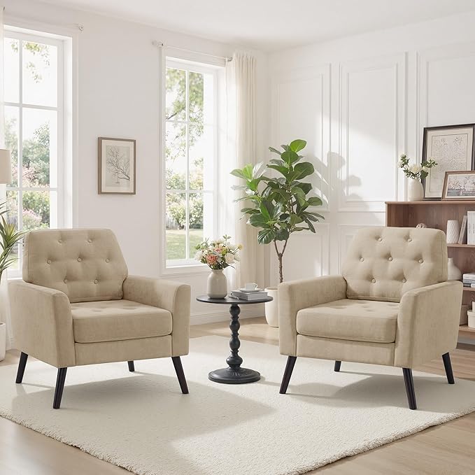 Accent Chair for Living Room Mid Century Modern Reading Chair Upholstered Armchair with Tufted Back &amp Wood Legs Single Sofa Side Chair for Bedroom Small Room Office Apartment Light Brown