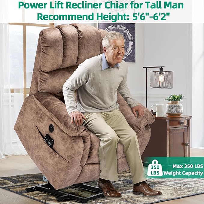 VIVIJASON Tall Man Large Dual Motor Power Lift Recliner Chair with Extended Footrest Overstuffed Lay Flat Sleeper Electric Recliner W/Heat &amp Massage Lumbar Pillow USB &amp Type-C Ports Plush