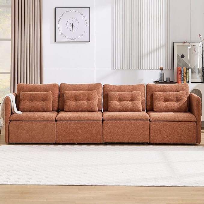LukeAlon L Shaped 4 Seater Modular Sectional Sofa Couch with Waist Pillow Modern Chenille Sofa Set with Ottoman 110 Comfy Upholstered Sleeper Sofa Couches for Living Room Office Light Brown