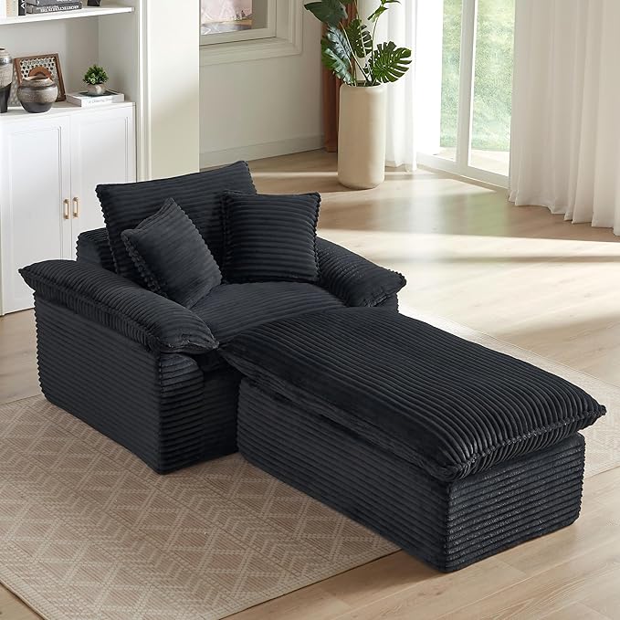 70 Inch Corduroy Chaise Lounge Indoor - Oversized Convertible Sofa with Ottoman &amp Throw PillowsNo Assembly for Living Room &amp Small SpacesDark Grey