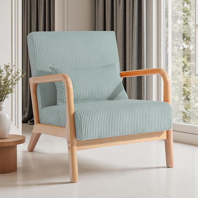 UIXE Modern Accent Chair Corduroy Upholstered Armchair for Living Room Comfy Arm Chair Single Sofa Bedroom Reading Seat with Lumbar Pillow &amp Wooden Armrests - Light Blue