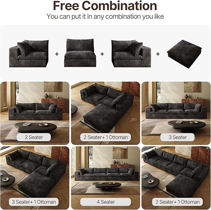 118-inch Boneless Cloud Sofa Modular Corduroy Sectional Couch with Full Foam Compression for Living Room Bedroom Apartment No Assembly Required (Black 3 Seater)