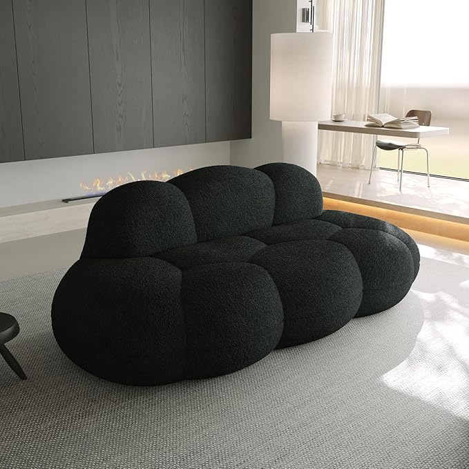 Modern Curved Sofa 3 Seater Soft Sherpa Upholstered Sofa Minimalist Style Comfy Cloud Couch for Living Room Apartment Black