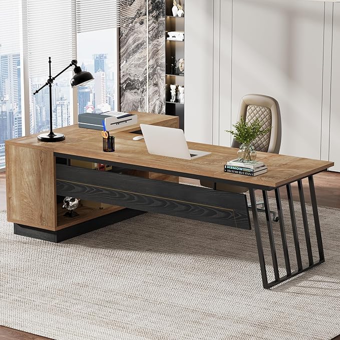 Tribesigns 71-Inch Executive Desk L-Shaped Desk with Cabinet Large Office Desk with Drawers and Storage Shelves Writing Table Computer Desk for Home Office Oak and Black