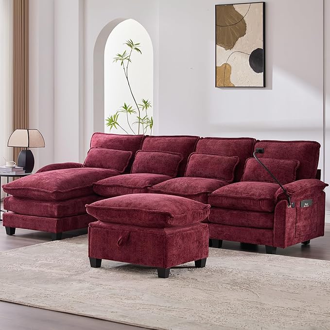 U Shaped Modern Sofa Modular Sectional Cloud Couch with Storage Ottoman Upholstery Chenille Deep Seat Sofa with Charging Port for Living Room Reversible Chaise Lounge Wine Red