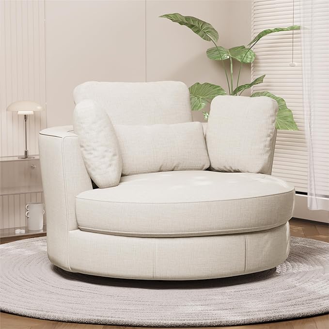 Chifee &amp Vingol 50.2 Oversized Swivel Accent Chair Upholstered Round Barrel Chair with Pillows Swivel Chairs for Living Room BedroomChenilleBeige