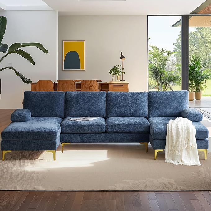 VINGLI 110 Large U-Shape Sectional Sofa Couch with 51 D Double Chaise for Living Room Modern Sectional Couch Set with Soft 5.9 Thickness Seating Padding Chenille FabricMetal Gold Legs(Blue)