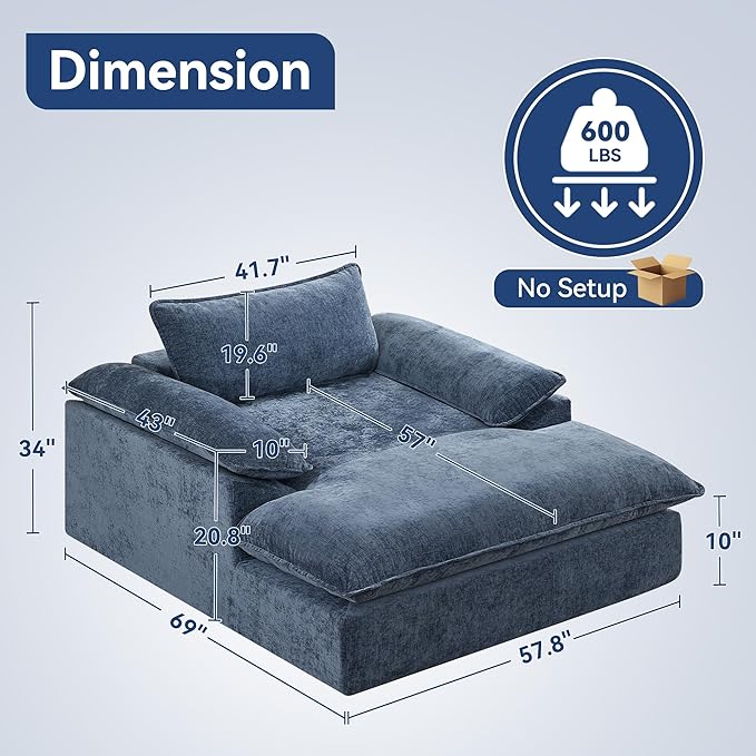 69 Oversized Boneless Chaise Lounge Chair Indoor No Assembly Blue Lounge Couch Chenille Upholstered Sofa Bed with Pocket Springs Reading Chair with Ottoman for Living Room Bedroom Office