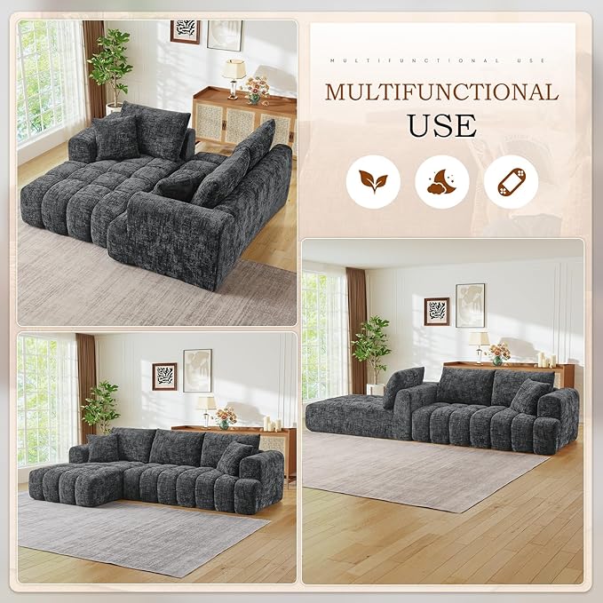 108 W Modular Sectionals SofaCloud Boneless Couch with ChaiseChenille Tufted Deep Seat L Shaped CouchModern Compression Foam Sofa for Living Room BedroomNo Assembly Required(Left FacingGrey)
