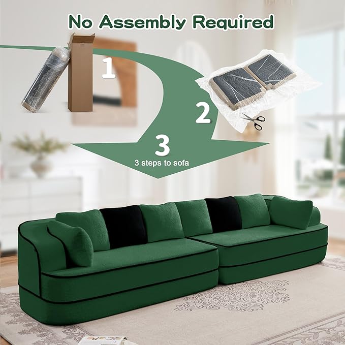4 Seater Modular Sectional Boneless Couch with Throw PillowsModern Foam Boneless Sofa for Living Room Teddy Fabric Oversized with Deep Seat Green Sofa