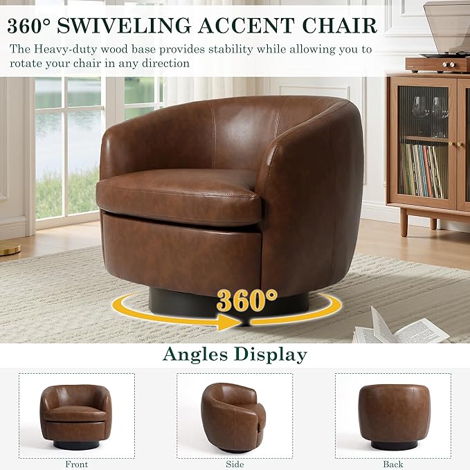 UIXE PU Leather Swivel Barrel Accent Chair Comfy Round Upholstered Armchair Reading Chair for Living Room Barrel Club Chairs Bedroom Brown