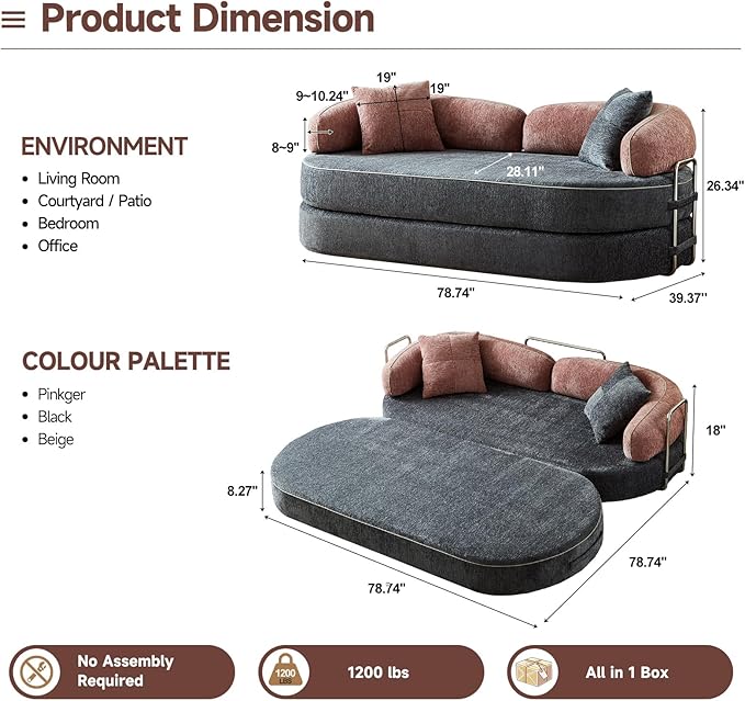 Convertible Sofa Bed with Fixed-Shape Frame 4-in-1 Combination Folding Pull Out Couch Futon Couch in a Box Modular Floor Sleeper Sofa Bed for Living Room Bedroom (2 Pillows PinkGrey)