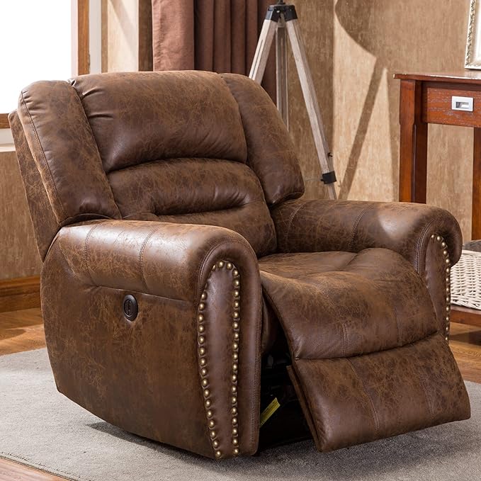 ANJ Electric Recliner Chair W/Breathable Bonded Leather Classic Single Sofa Home Theater Recliner Seating W/USB Port (Nut Brown)