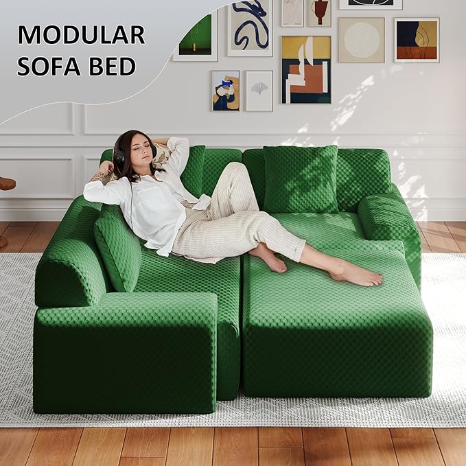 113 Modular Sectional Sofa Upholstered 3-Seater Sofa with Movable Ottoman Oversized 4-Seater Couch with 3 Throw Pillows High-Density Foam No Assembly Free Combinations