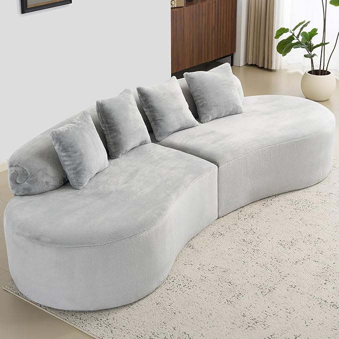 112 Grey Curved Boneless Couch with Cushions Modern Cloud Sofa for Living RoomChenille Sectional Minimalist Deep Seat Luxurious No Assembly