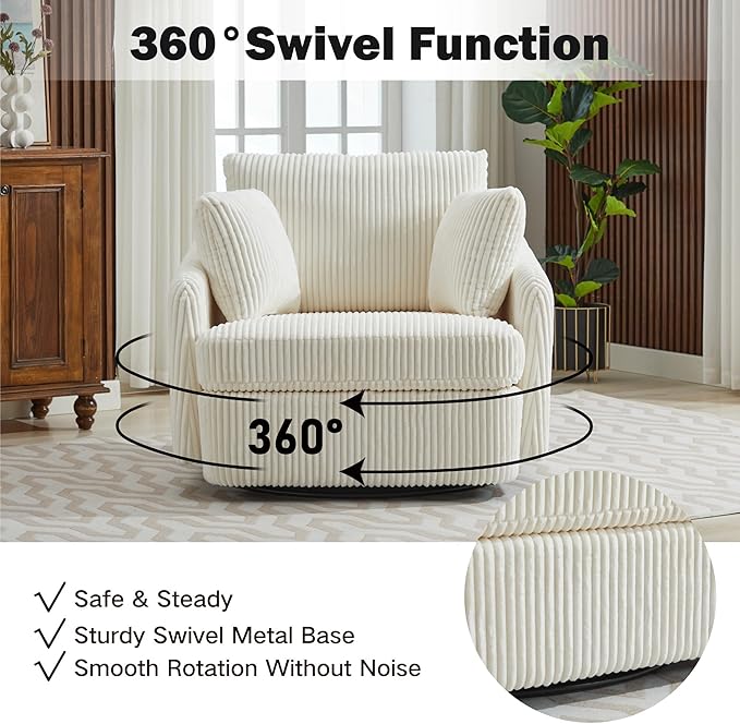 Chifee &amp Vingol 40.6 Oversized Swivel Accent Chair with OttomanCorduroyIvory