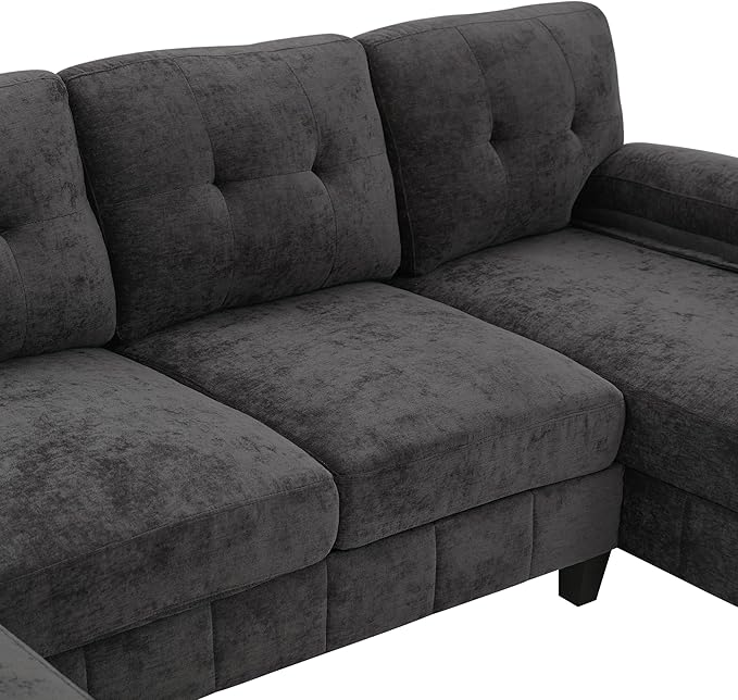103.5 U-Shaped Sectional Sofa Modern Chenille Fabric Couch with Dual Chaise Lounges Side Storage Pockets and Armrest Pillows for Living Room (Black//16)