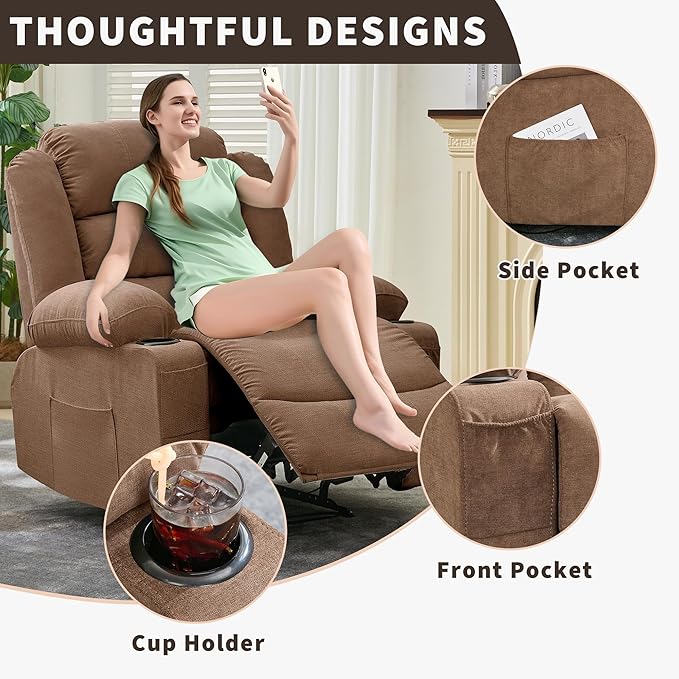 Wide Recliner Chair for Adults Large Manual Pull Tab Reclining Chair with Dual Cup Holders 3 Recline Positions Side Pockets Supports 350 Lbs Overstuffed Single Sofa for Living Room