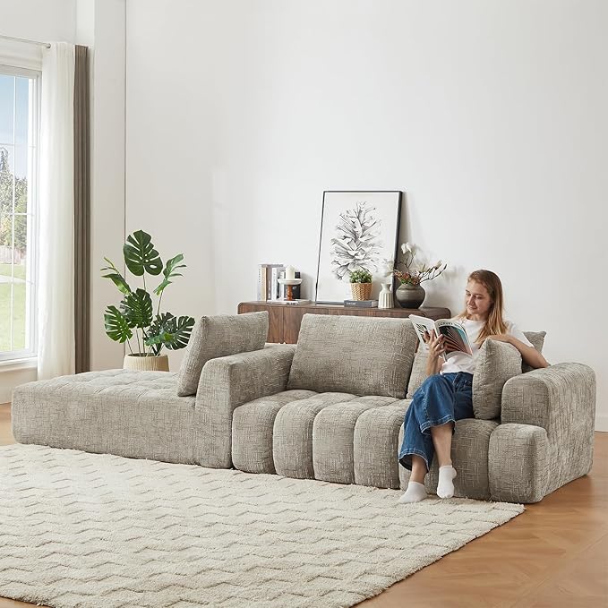 Khaki 108 Modular Sectional Sofa with Left Facing Chaise L Shaped Couch with Deep Seat Cloud Foam Couch Plush Chenille Sofa No Assembly Needed for Living Room