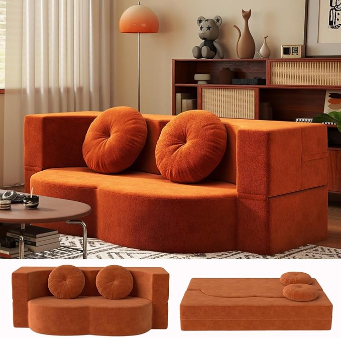 2-in-1 Convertible Sofa Bed 78.7 Memory Foam Boneless Couch Bed Full Size Love Seat Sleeper Sofa Floor Couch Loveseat w/ 2 Pillows for Living Room Bedroom Apartment Office No Assembly Orange