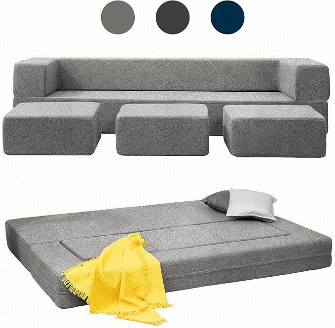 Mjkone Convertible Futon Sofa Bed Multifunctional Sleeper Sofa Queen Size Velvet Memory Foam Fold Out Couch with 3 Ottomans Guest Sleeper for Living Room Fashionable Light Gray