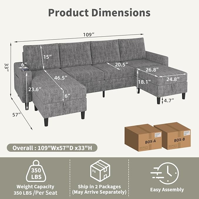 Sectional Couches for Living Room 6-Seats Soft Linen Fabric Sectional Sofa with Storage Ottoman Modern Convertible U/L Shaped Couch with Smart Charging Module/LED Light/Music Sync (Light Grey)