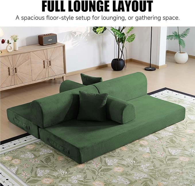 78.8 Boneless Memory Foam Couch Corduroy Convertible Floor Sofa Bed Fold-Out Sleeper Futon Loveseat Wide Armrests &amp Supportive Back 1200 lb Couch in a Box 2 Pillows Dark Green