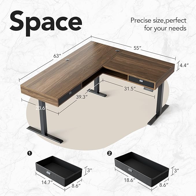 HUANUO Electric L Shaped Standing Desk 63″x55″ Height Adjustable Corner Computer Desk with 2 Under Desk Drawers &amp Open Storage Sapce Sit Stand Up Table with Power Strip Tray &amp Cable Grommets