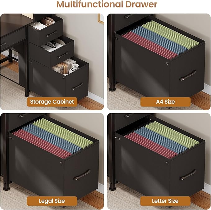 SEDETA Computer Gaming Desk with 5 Drawers and Bookshelf Reversible Home Office Desk with Storage Shelves and File Drawer Corner Desk with LED Lights for Small Spaces Black