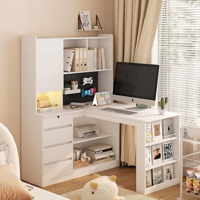L Shaped Desk with Power Outlets &amp LED Lights Computer Desk with Drawers &amp Bookshelf Modern Corner Desk for Home Office Study Gaming Table Writing Workstation (White)