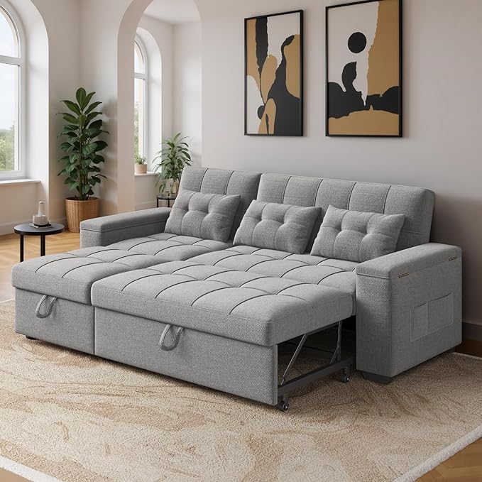 Ahomly 87 Convertible Sleeper Sofa Bed with Pull-Out Design Adjustable Backrest Wide Armrests with Storage Comfortable Pillows – Perfect for Small Spaces (Light Grey)