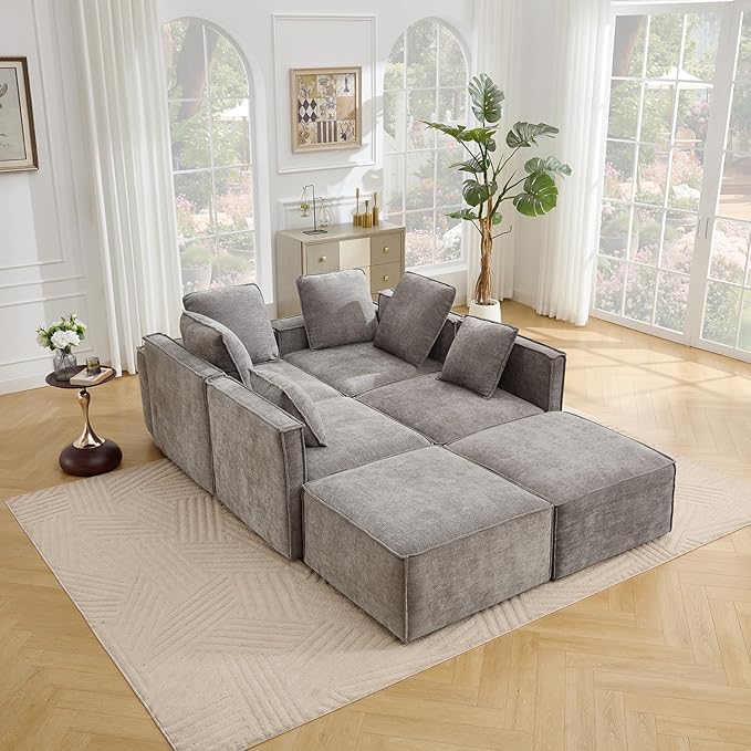 Tbfit 141'' Modular Sectional Sofa Chenille Cloud Couch with Wide Armrests &amp 6 Pillows Deep Seat Couches for Living Room Grey