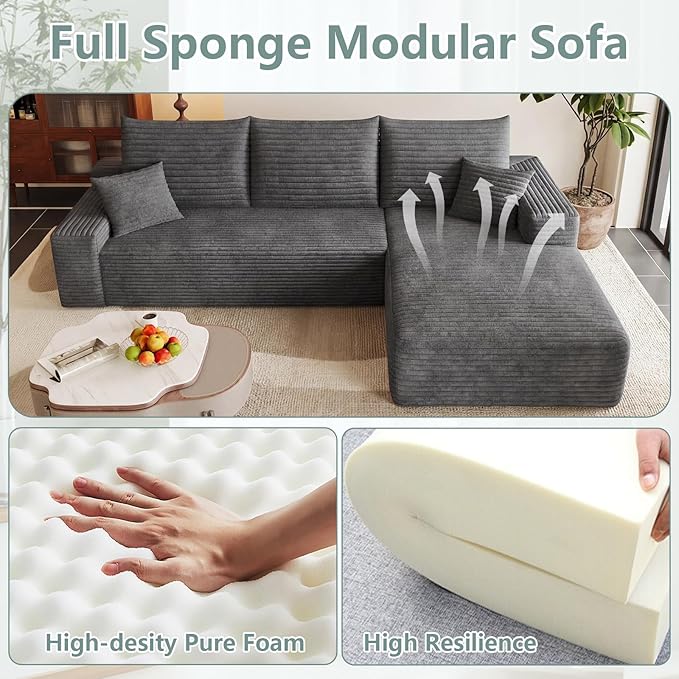 Modular Sectional Sofa Cloud Sectional Couch95Comfy Fluffy L-Shaped Couches for Living RoomDeep Seat Memory Foam Plush Corduroy Boneless Couch Sectionals No Assembly(Dark GrayRight-Facing Chaise)