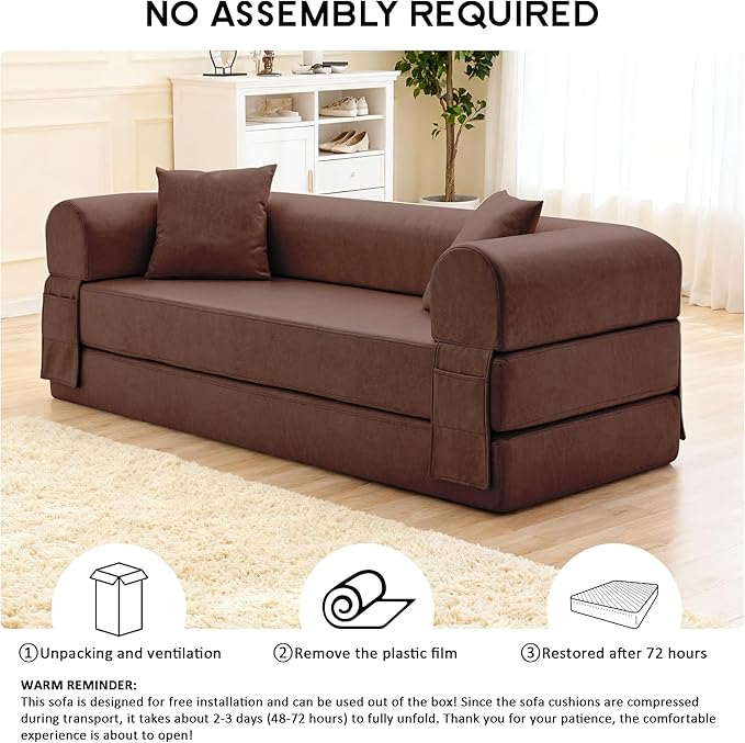 78.5 Convertible Sleeper Sofa Bed Faux Leather Folding Floor Sofa with Pullout Bed&amp2 Pillows No Assembly Modern Boneless Couch Compression Sofa in Box with Storage Pocket for Living Room Brown