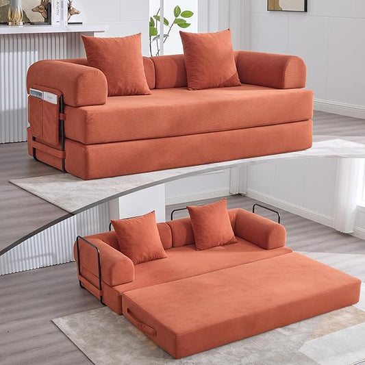 Convertible Sleeper Sofa Bed with Fixed-Shape Frame Floor Sofa Lounge Couch with Cylindrical Pillow Corduroy Folding Mattress Couch for Living Room Bedroom Burnt Orange