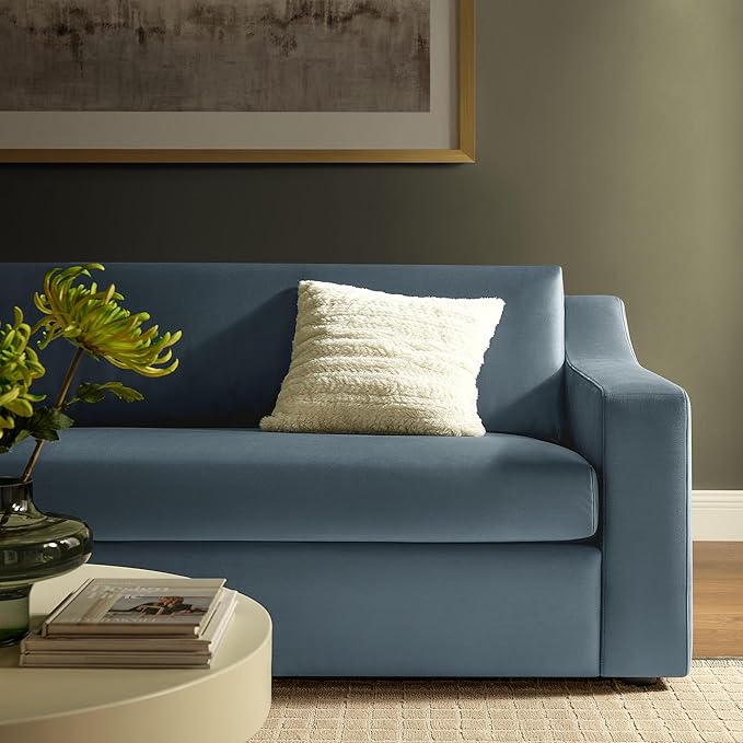 Modway Liora 87 Inch Stain-Resistant Performance Velvet Sofa in Cadet Blue - 3 Seater Upholstered Sofa Couch for Living Room Seating - Comfy Deep Seat Sofa with Scoop Arms