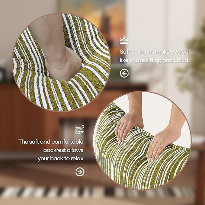 Chenille Accent Chair with Lumbar Pillow Green Stripe Wide Armrests Deep Seat 7 Inch High-Density Foam 350 lbs Capacity
