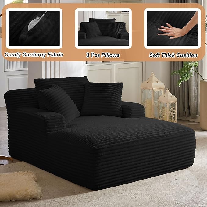 49.2 Oversized Chaise Lounge Chair IndoorCorduroy Boneless Reading Chair with 3 PillowsDeep Seat Cloud Sofa BedComfy Modern Sleeper Chairs in Box for Living Room BedroomNo Assembly(Black)