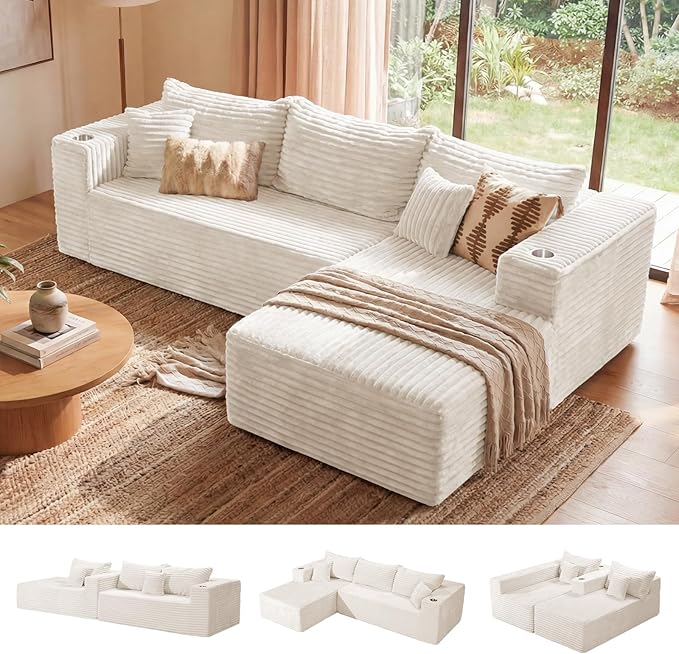 ELUCHANG 108” Modular Sectional Sofa Comfy Cloud Couch with Deep Seat Modern L-Shape Sofa with Chaise Upholstered Boneless Couch for Living Room Bedroom No Assembly Required Corduroy Beige