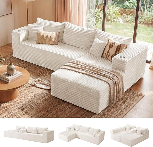 ELUCHANG 108” Modular Sectional Sofa Comfy Cloud Couch with Deep Seat Modern L-Shape Sofa with Chaise Upholstered Boneless Couch for Living Room Bedroom No Assembly Required Corduroy Beige