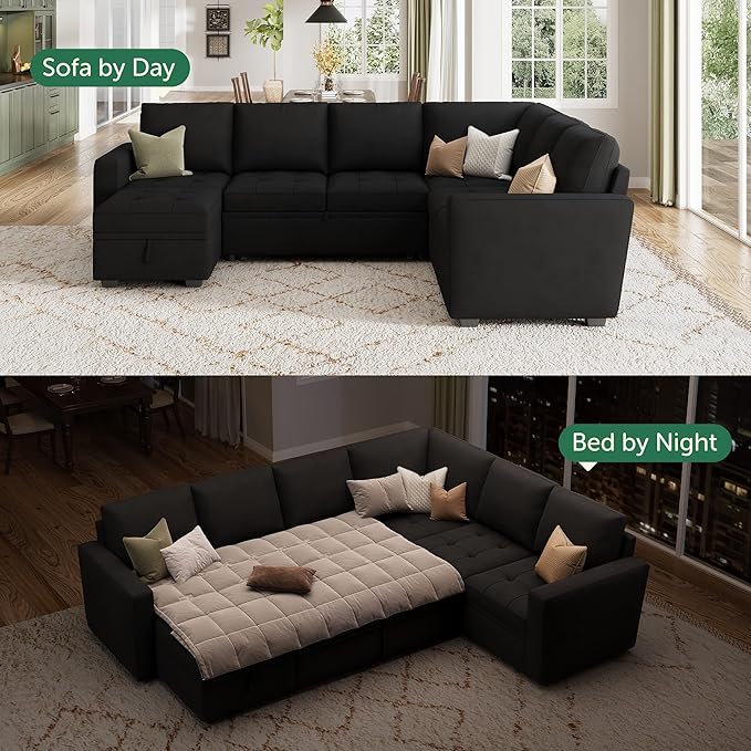 HONBAY Modular Sectional Couch with Pull Out Bed Sleeper Sofa with Storage U Shaped Modular Sectional Couches for Living RoomVelvet Black