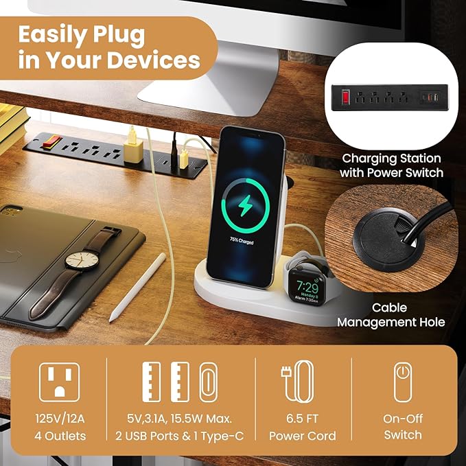 L-Shaped Gaming Desk with LED Lights &amp Power Outlets 48 Computer Table with Storage Shelves Monitor Stand Home Office Desk with Metal Frame Rustic Brown/Black (Rustic Brown)