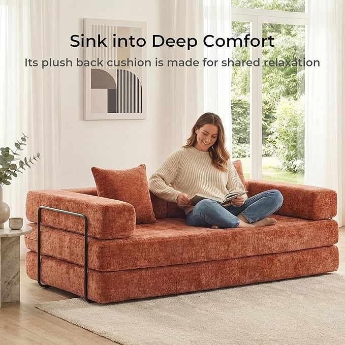 WELAX 77 Convertible Sleeper Sofa Bed Boneless Cloud Queen Futon Couches with 2 Pillows &amp Removable Armrests Chenille Folding Floor Couch No Assembly for Bedroom Living Room Orange