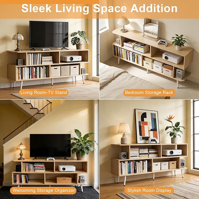 Lightdot 55 Inch TV Stand up to 65 Inch TVs Large Storage for Collection with 6 Open Shelves Sturdy Media Console Table for Living Room/Entrance/Kitchen/Sofa Cabinet Easy Assembly Walnut