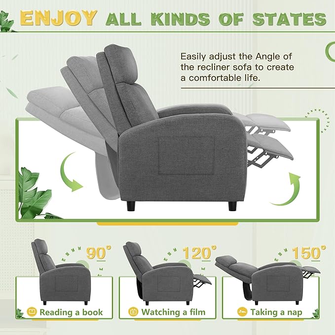 Furniwell Massage Recliner Chair for Living Room Adjustable Fabric Reclining Chair Home Theater Seating Modern Winback Single Sofa for Adults with Footrest (Gray)