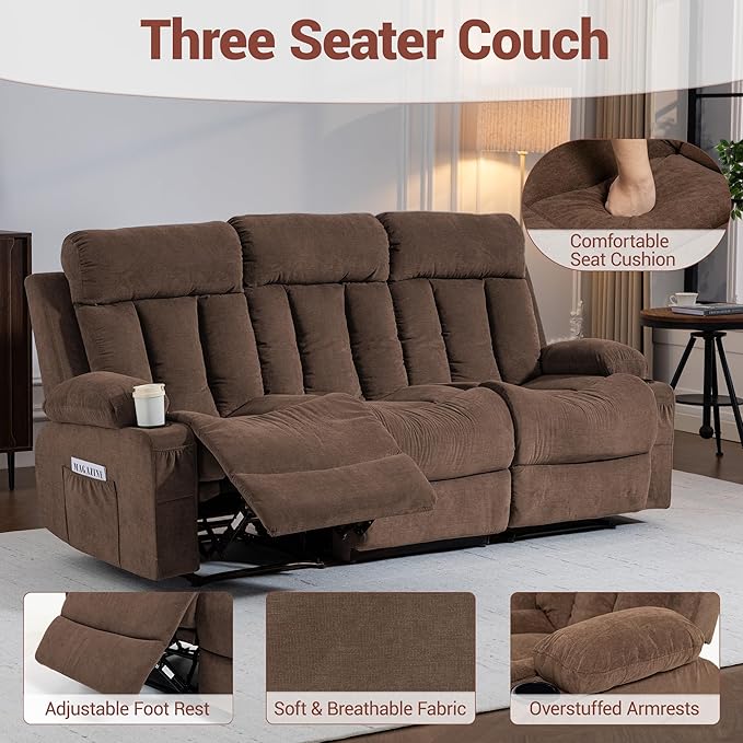 3 Seater Reclining Sofa Couch with Cup Holders Comfy Triple Manual Fabric Recliner Chair for Living Room Home Theater Office Brown