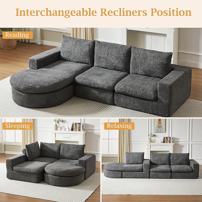 99 Modular Sectional Sofa Cloud Sectional Couch with Neck Pillow &amp Deep Seat Chenille Boneless Couches with L-Shape Chaise for Living RoomNo Assembly Required Grey