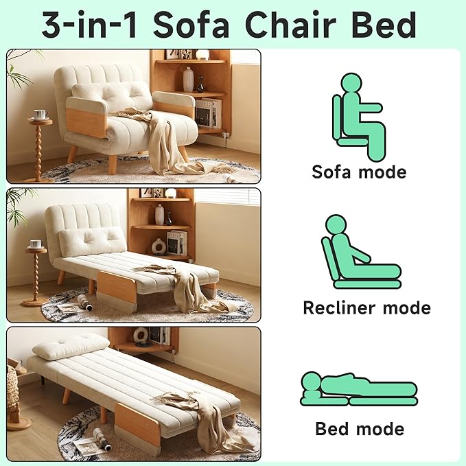 Convertible Lounger Fold-Out Sofa Bed 3-in-1 Sleeper SofaAdjustable Backrest Modern-Style Sofa for Small Spaces Bedrooms &amp Offices(Beige35.43)
